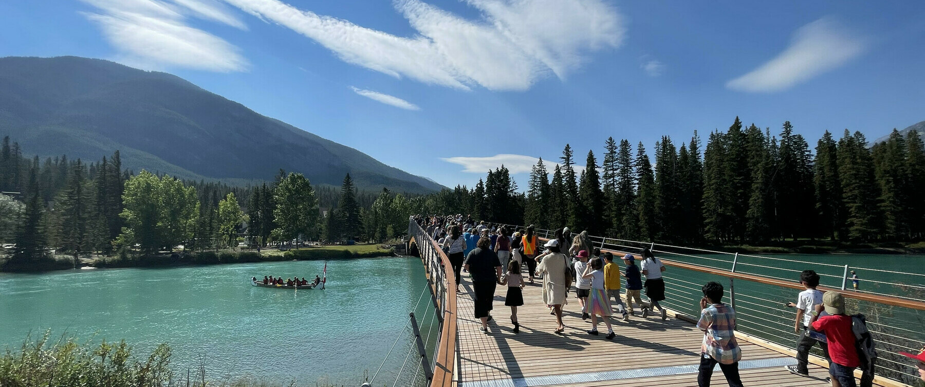 photo of BES students crossing the new Nancy Pauw bridge on opening day